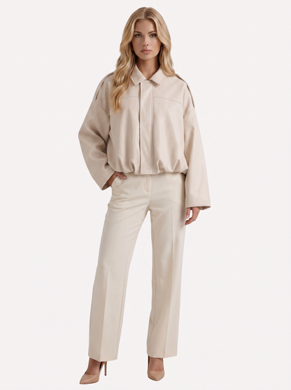 Women's cream suede bomber with suede finish and drop shoulder