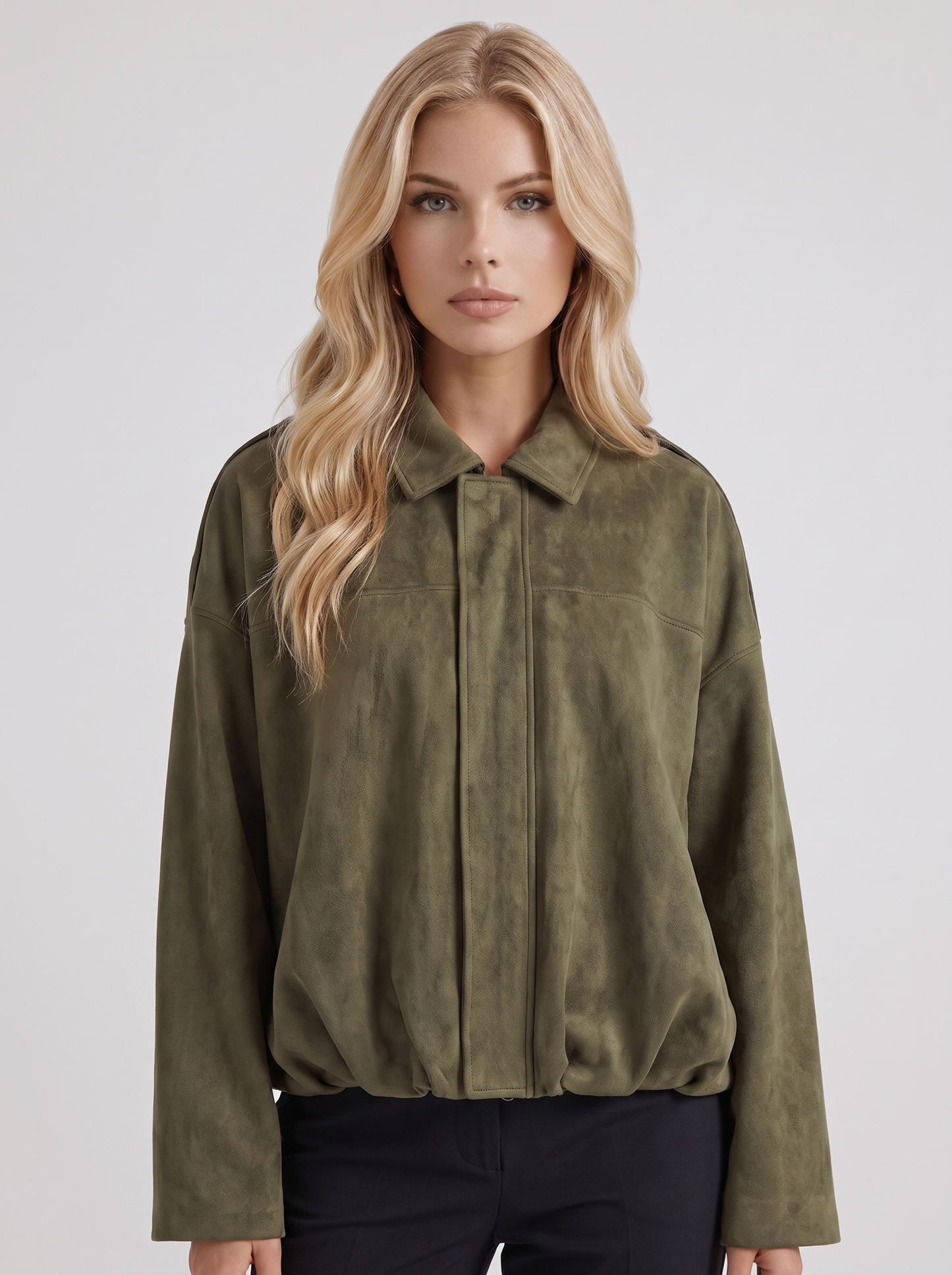 Women's green suede bomber with suede finish and drop shoulder