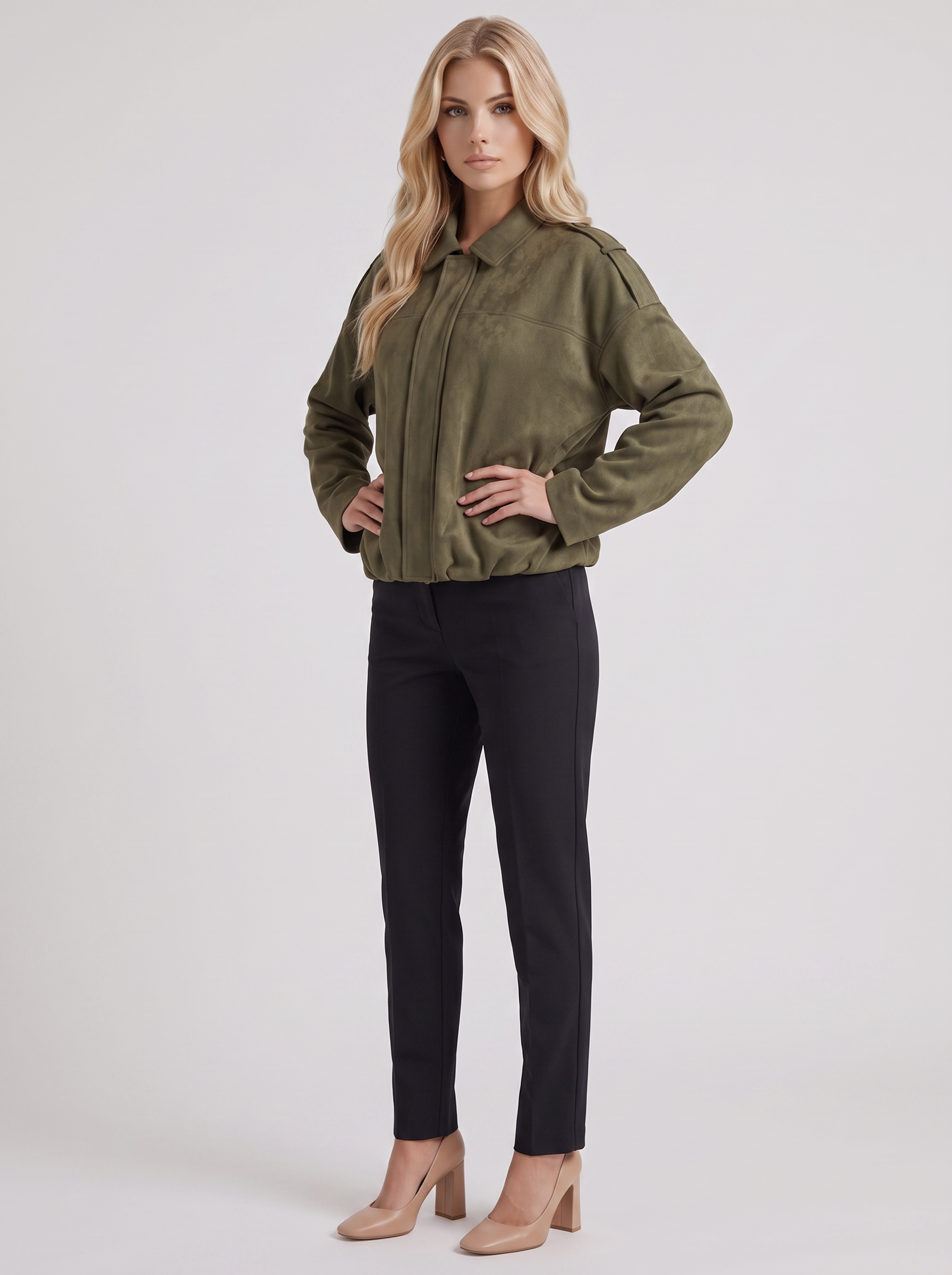 Women's green suede bomber with suede finish and drop shoulder