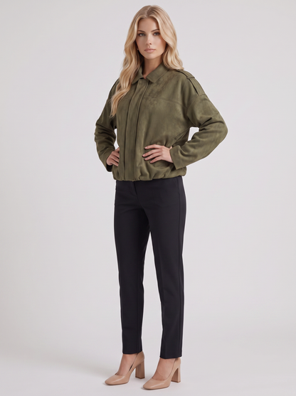 Women's green suede bomber with suede finish and drop shoulder