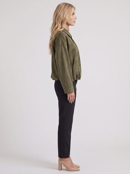 Women's green suede bomber with suede finish and drop shoulder