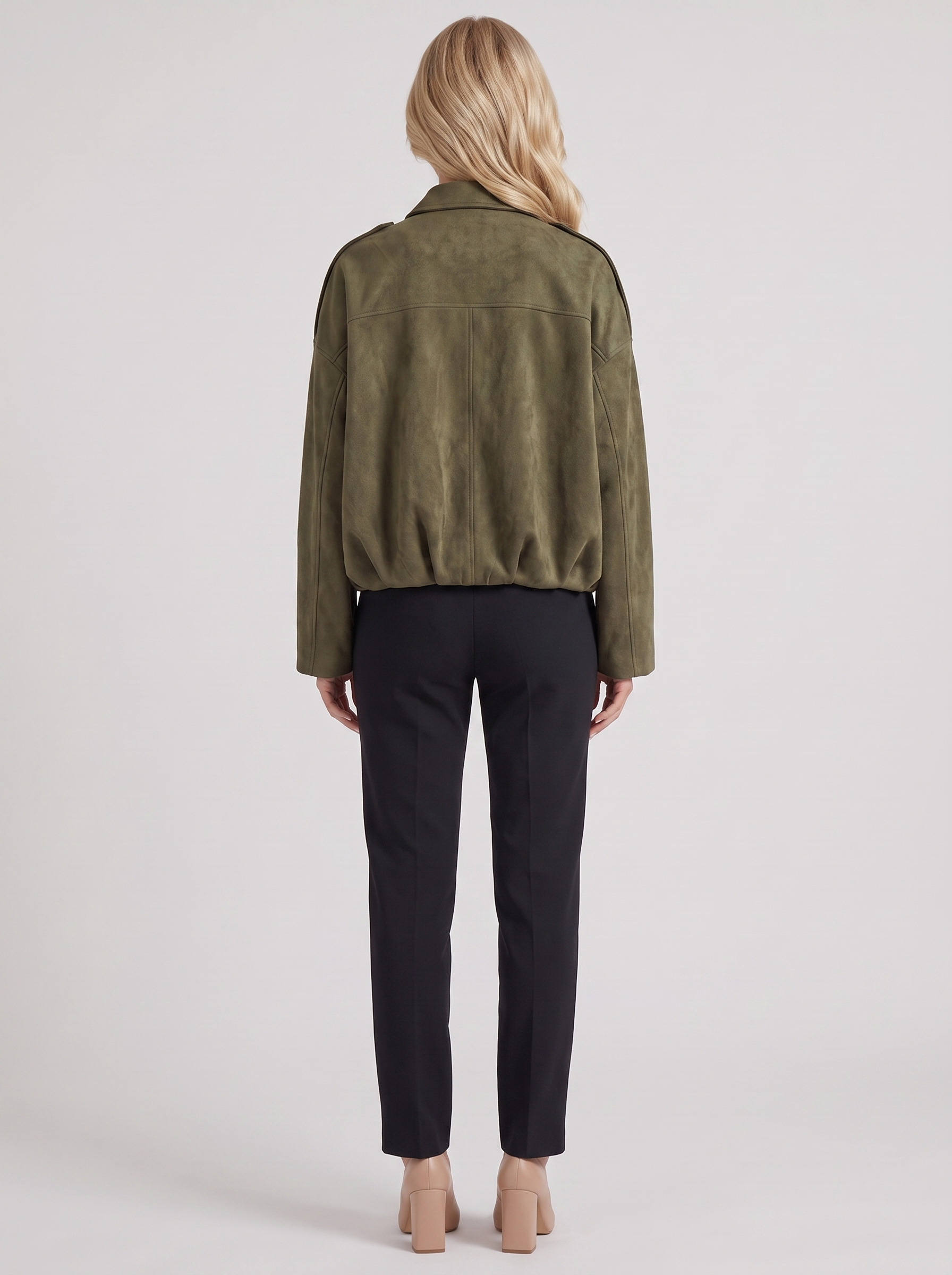 Women's green suede bomber with suede finish and drop shoulder