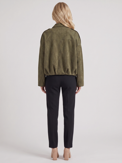 Women's green suede bomber with suede finish and drop shoulder