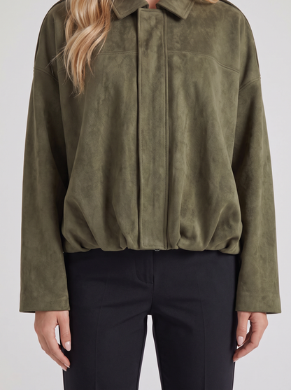 Women's green suede bomber with suede finish and drop shoulder