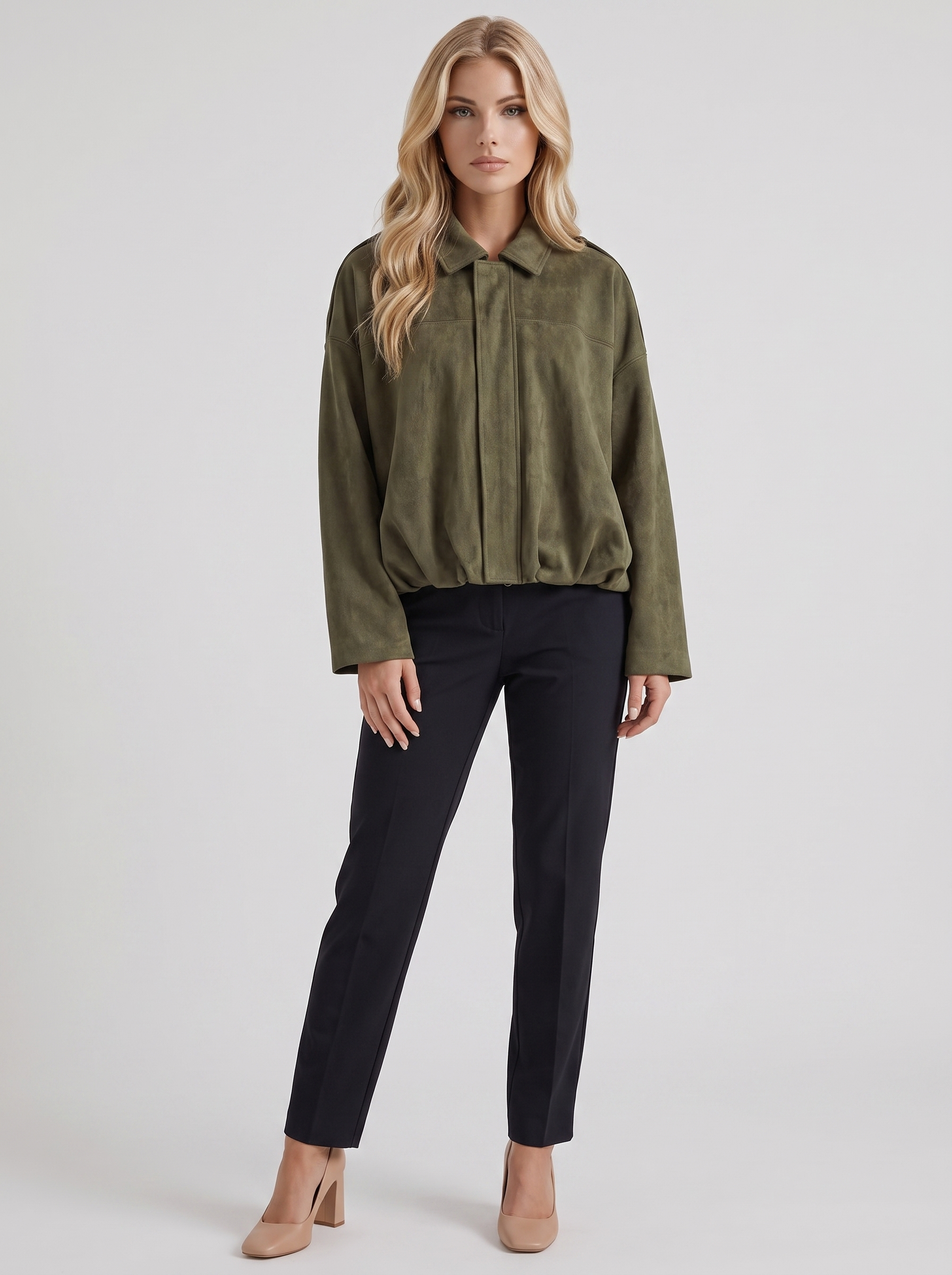 Women's green suede bomber with suede finish and drop shoulder