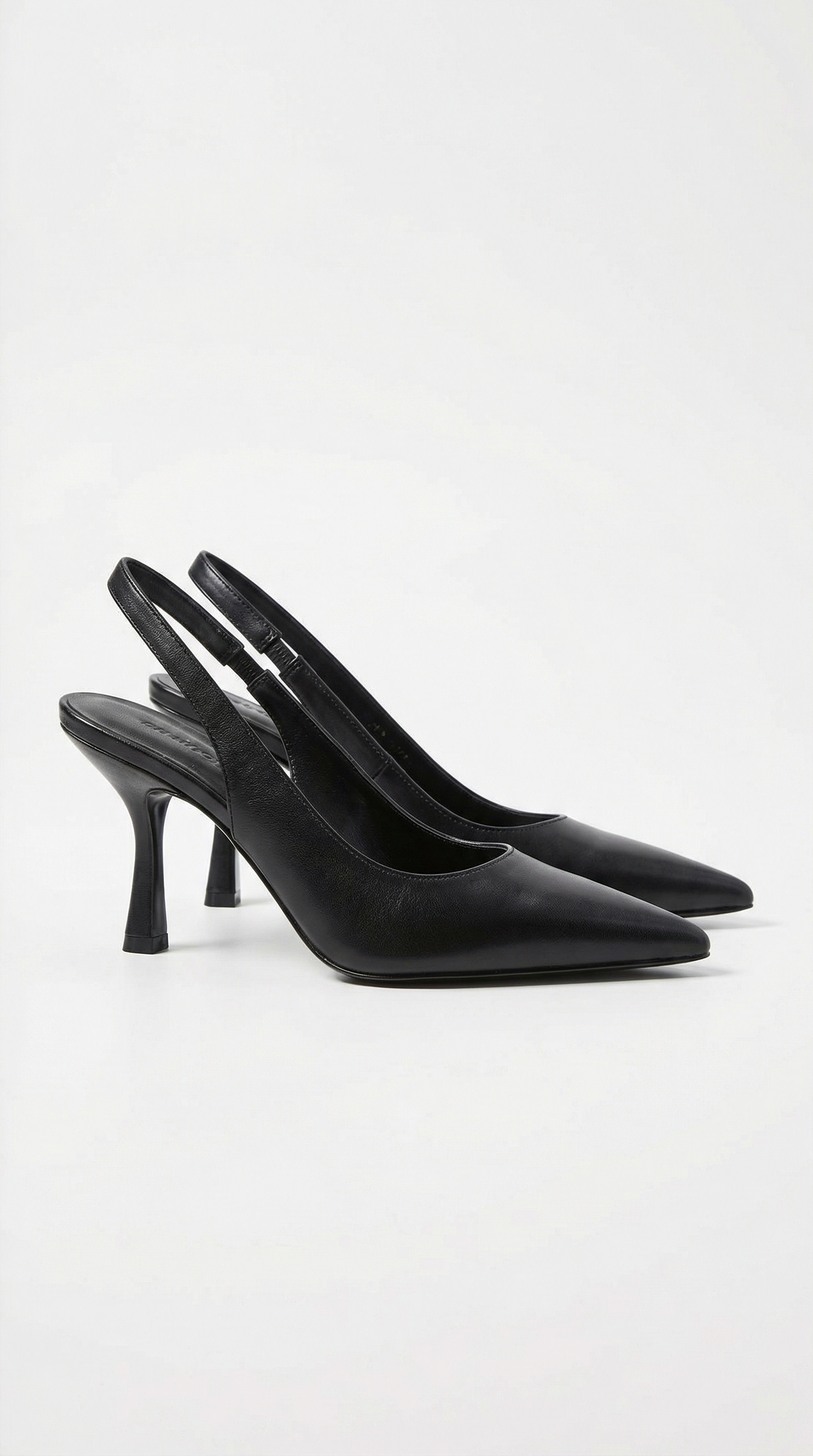 Women black heeled sandals with pointed toe and slingback strap