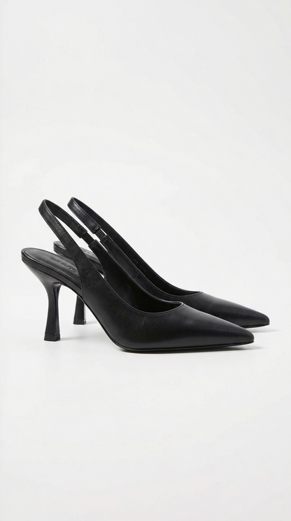 Women black heeled sandals with pointed toe and slingback strap