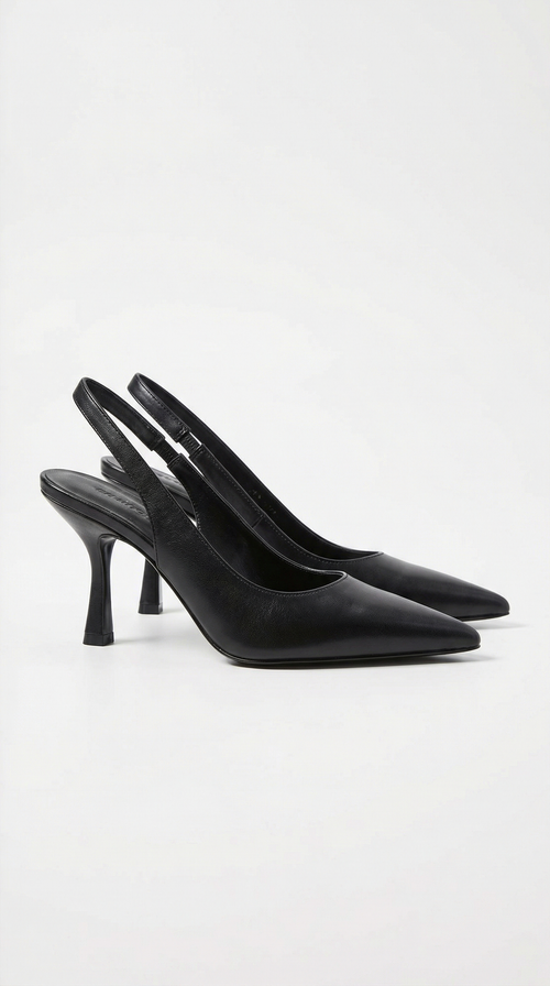 Women black heeled sandals with pointed toe and slingback strap