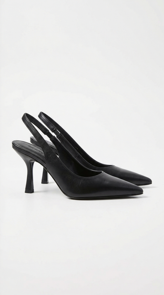 Women black heeled sandals with pointed toe and slingback strap