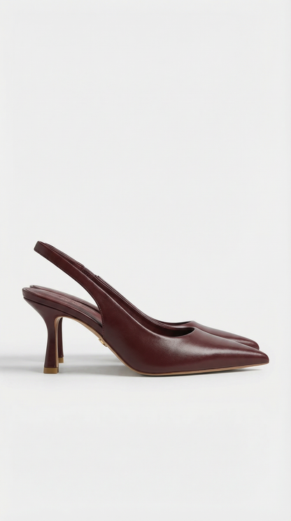 Women burgundy heeled sandals with pointed toe and slingback strap