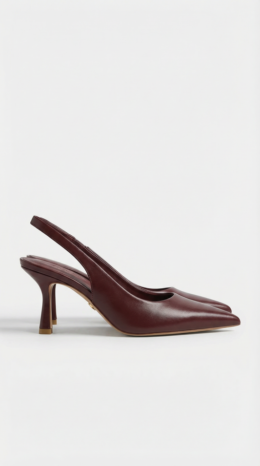 Women burgundy heeled sandals with pointed toe and slingback strap