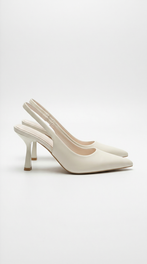 Women cream heeled sandals with pointed toe and slingback strap