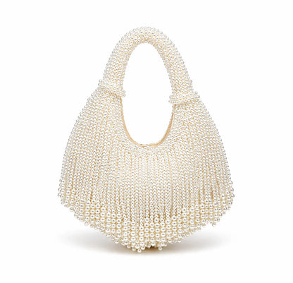 Women white shoulder bag with pearl beading and beaded detail