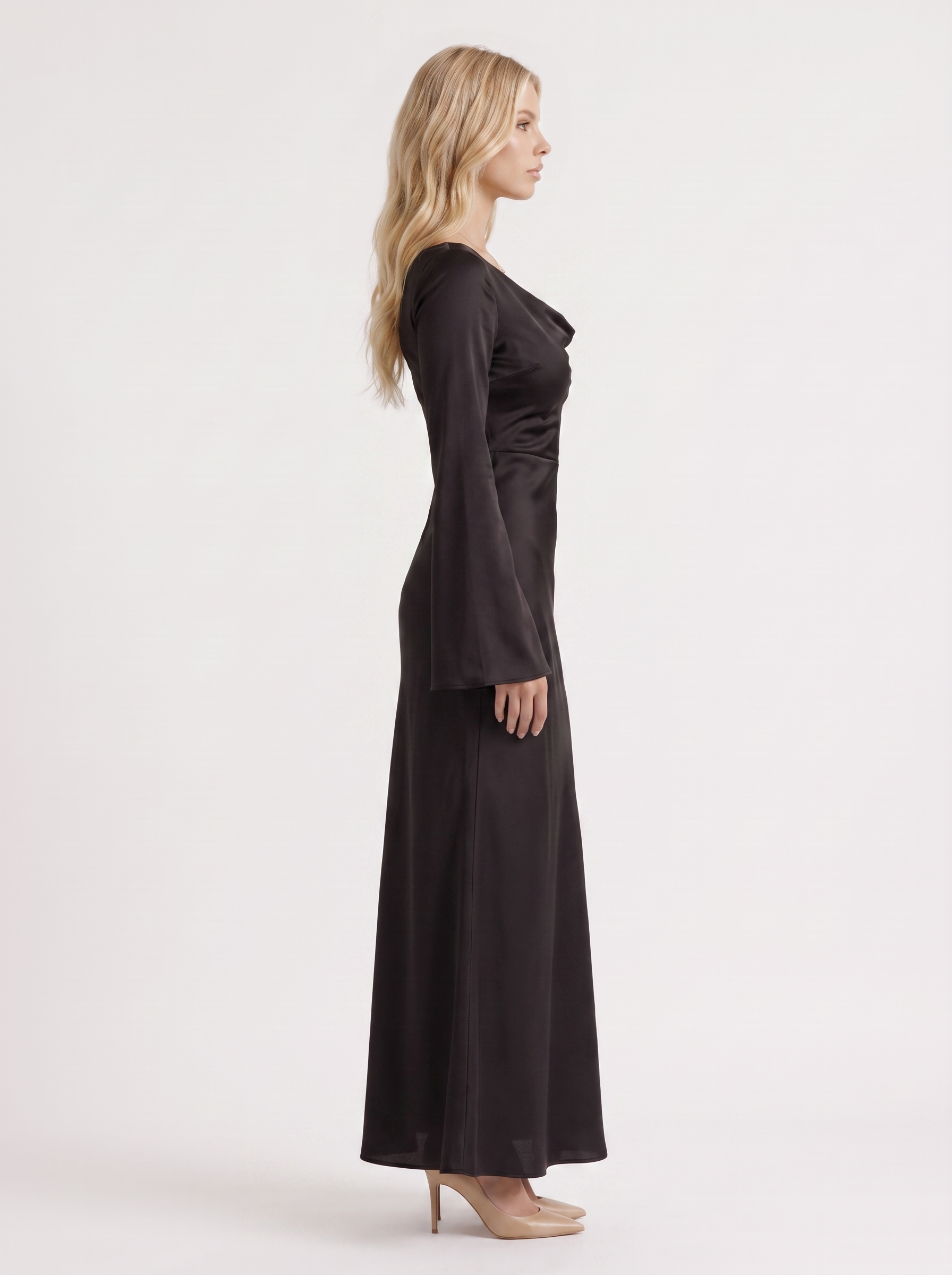 Women black maxi dress with boat neckline and flared long sleeves