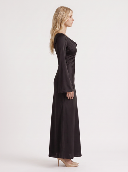 Women black maxi dress with boat neckline and flared long sleeves