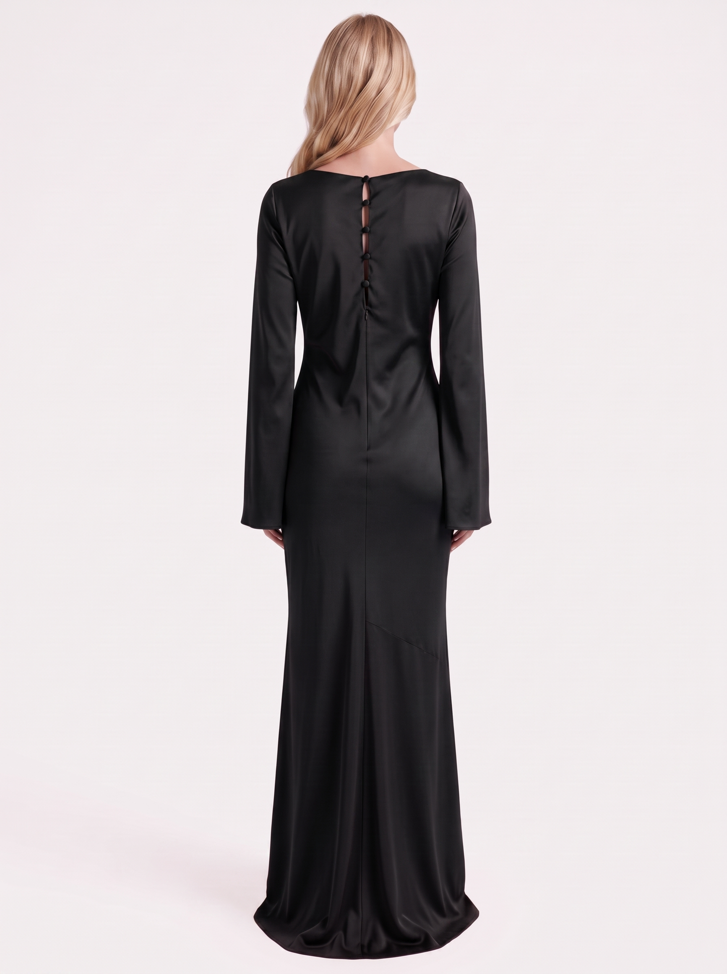 Women black maxi dress with boat neckline and flared long sleeves
