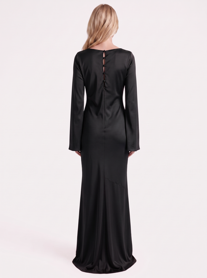 Women black maxi dress with boat neckline and flared long sleeves
