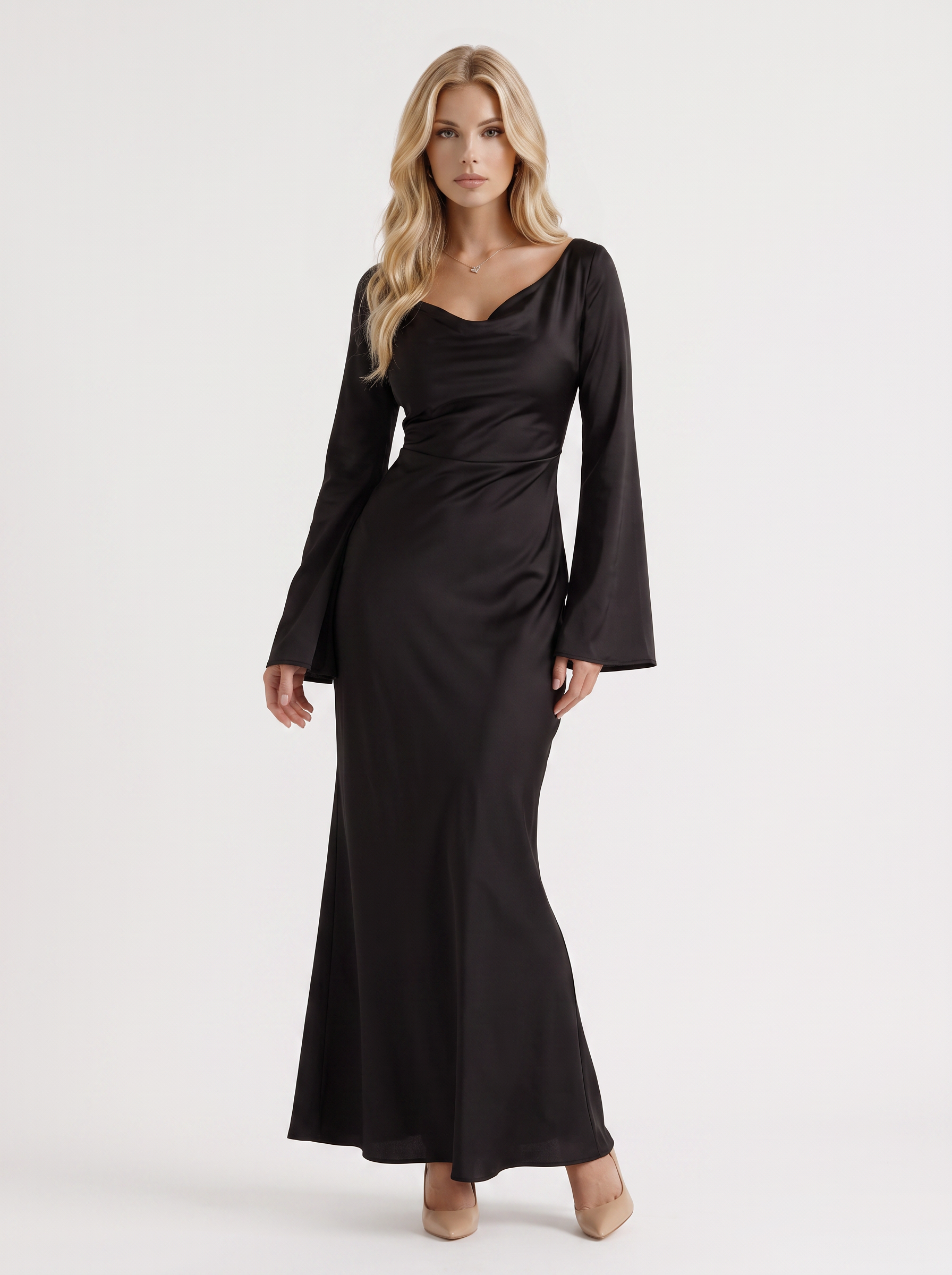 Women black maxi dress with boat neckline and flared long sleeves