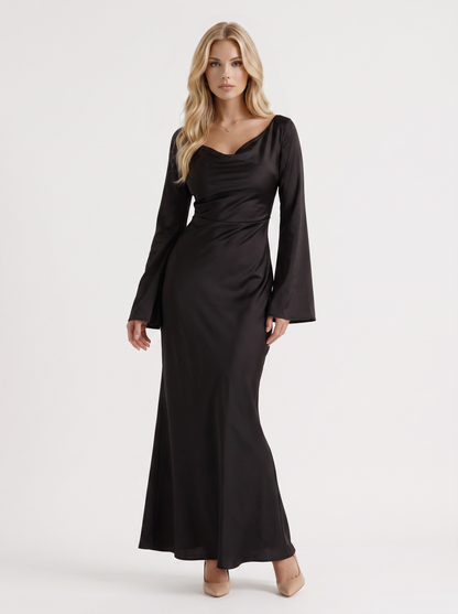 Women black maxi dress with boat neckline and flared long sleeves