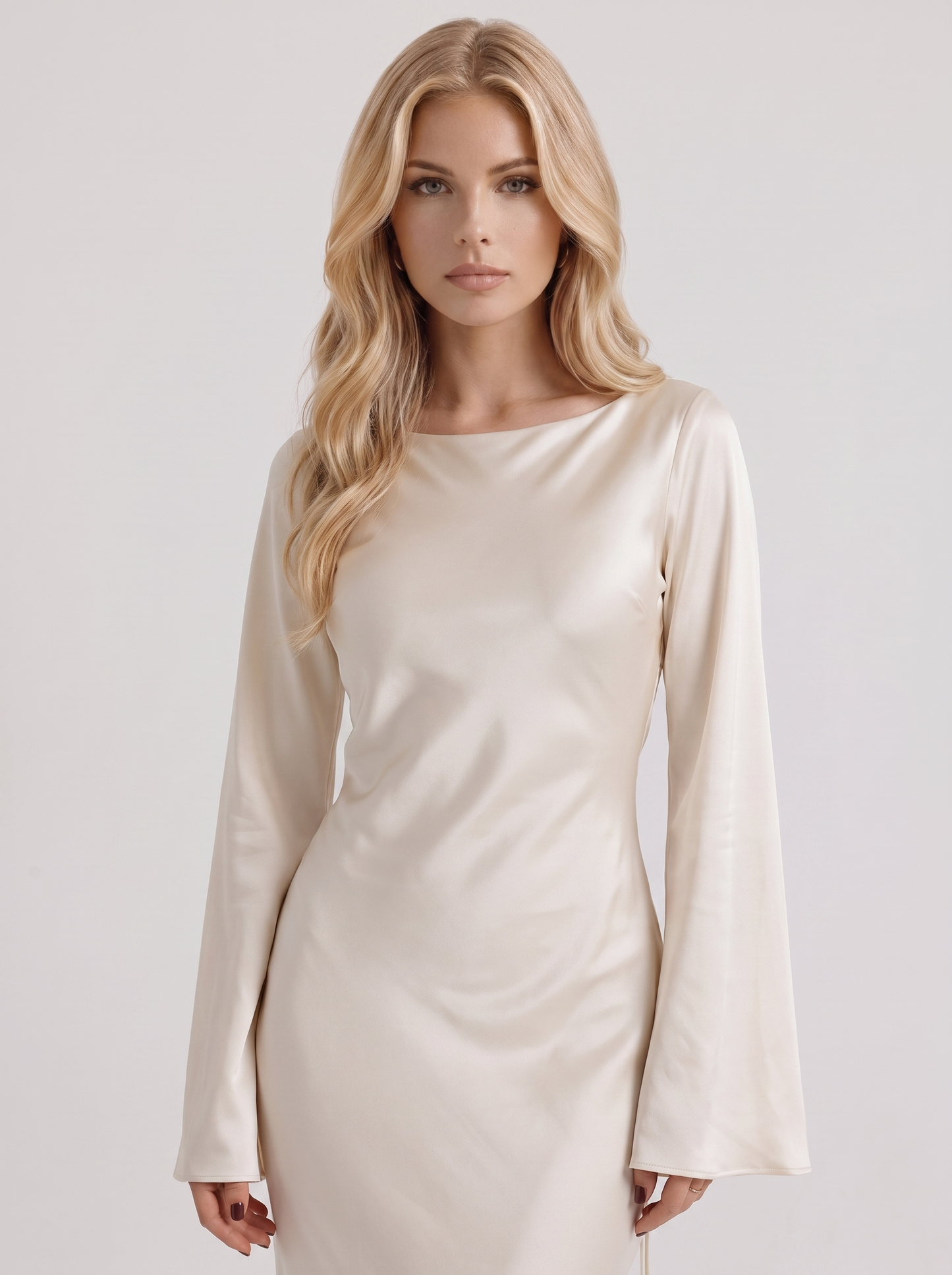 Women ivory maxi dress with boat neckline and flared long sleeves