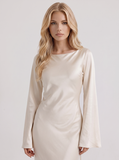 Women ivory maxi dress with boat neckline and flared long sleeves