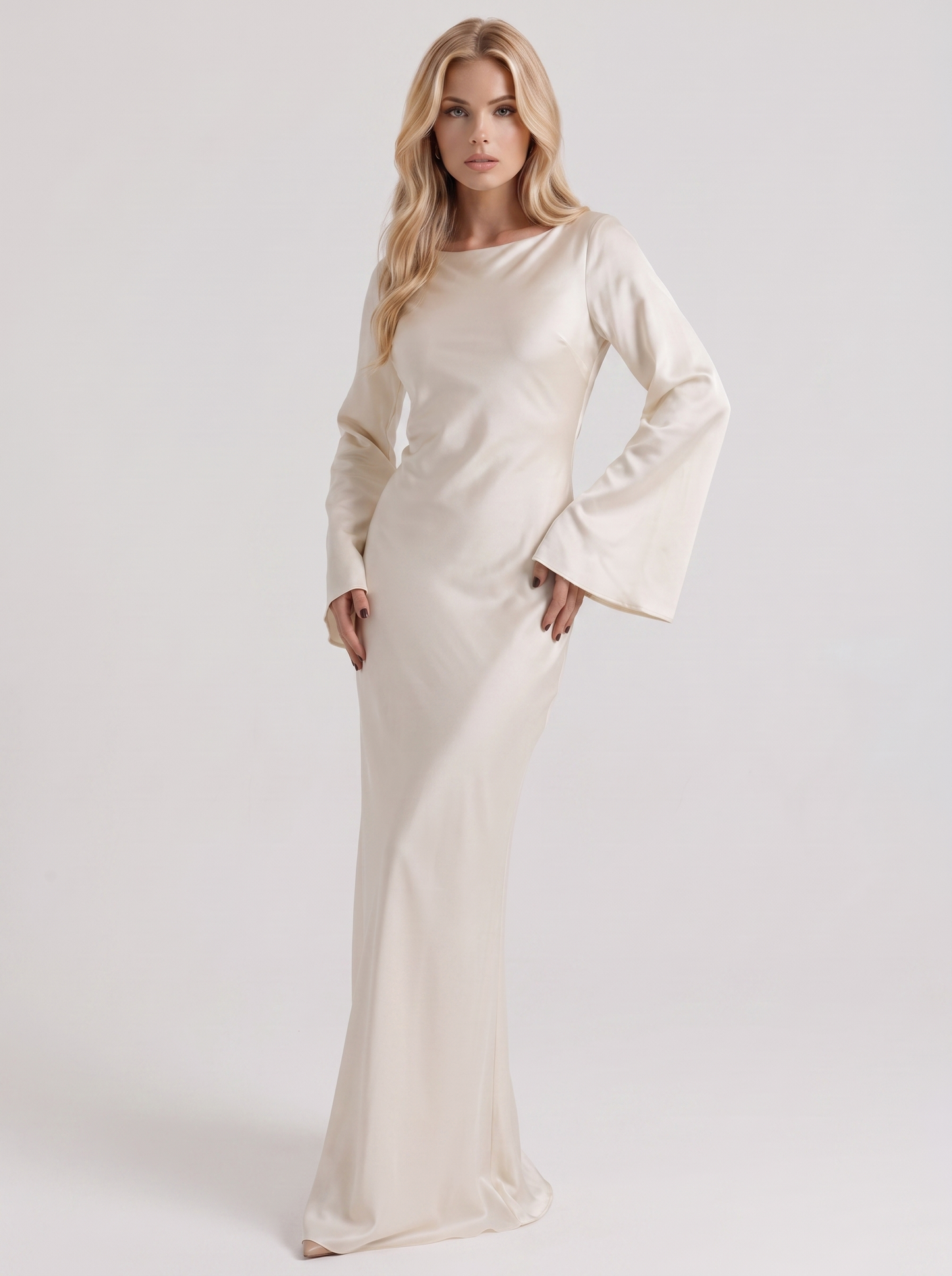 Women ivory maxi dress with boat neckline and flared long sleeves