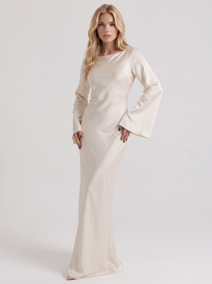 Women ivory maxi dress with boat neckline and flared long sleeves