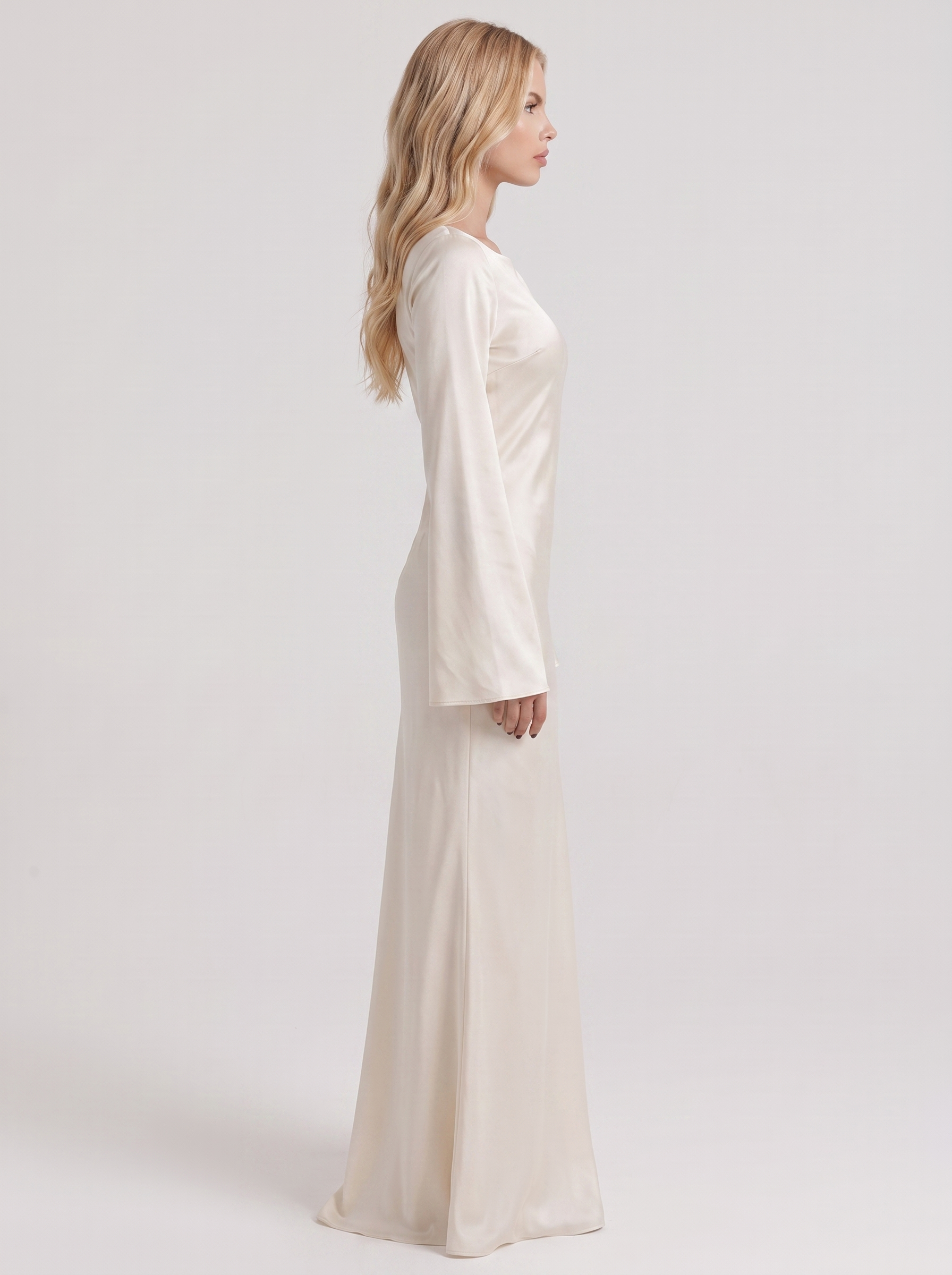 Women ivory maxi dress with boat neckline and flared long sleeves