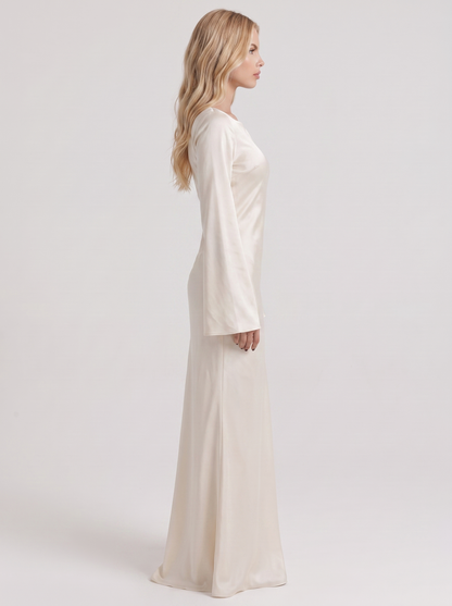 Women ivory maxi dress with boat neckline and flared long sleeves