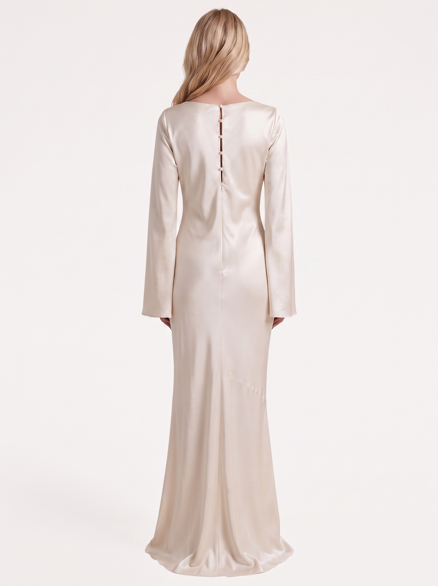 Women ivory maxi dress with boat neckline and flared long sleeves