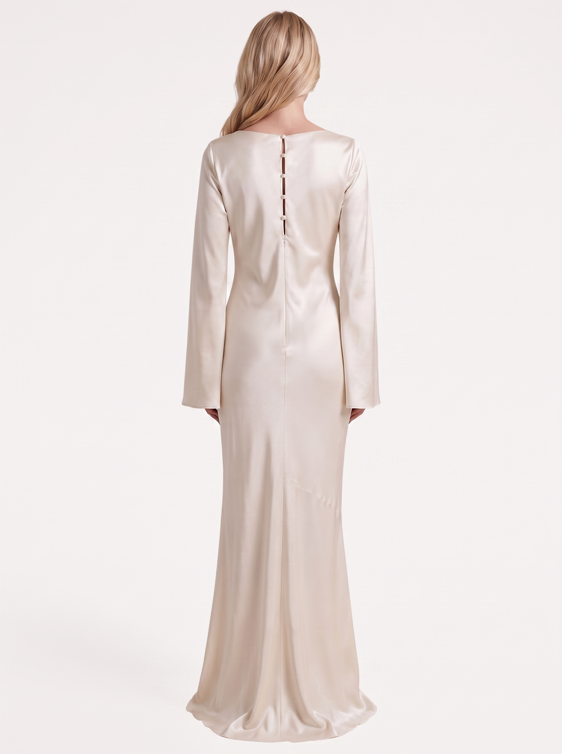 Women ivory maxi dress with boat neckline and flared long sleeves