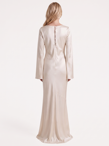 Women ivory maxi dress with boat neckline and flared long sleeves