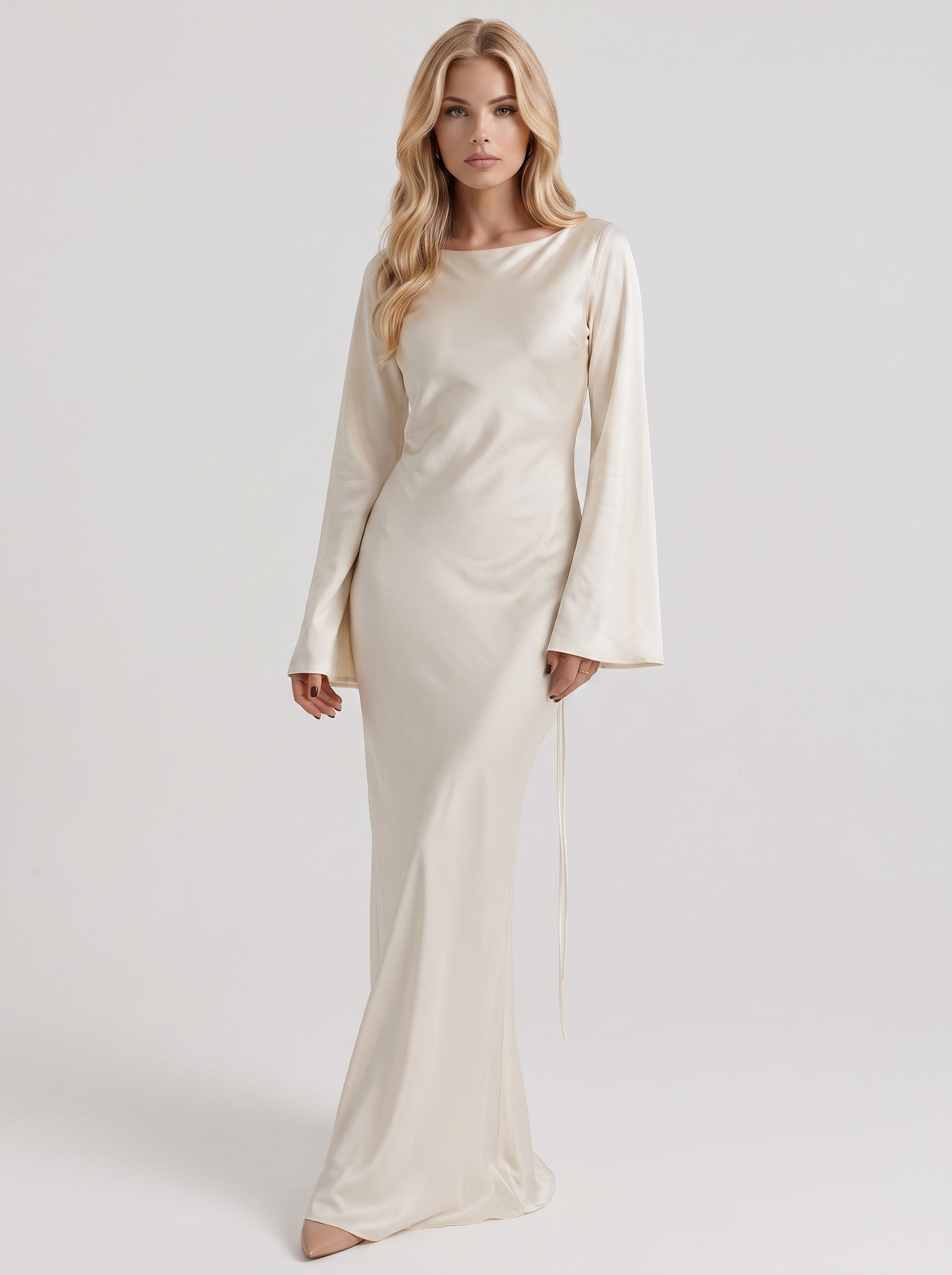 Women ivory maxi dress with boat neckline and flared long sleeves