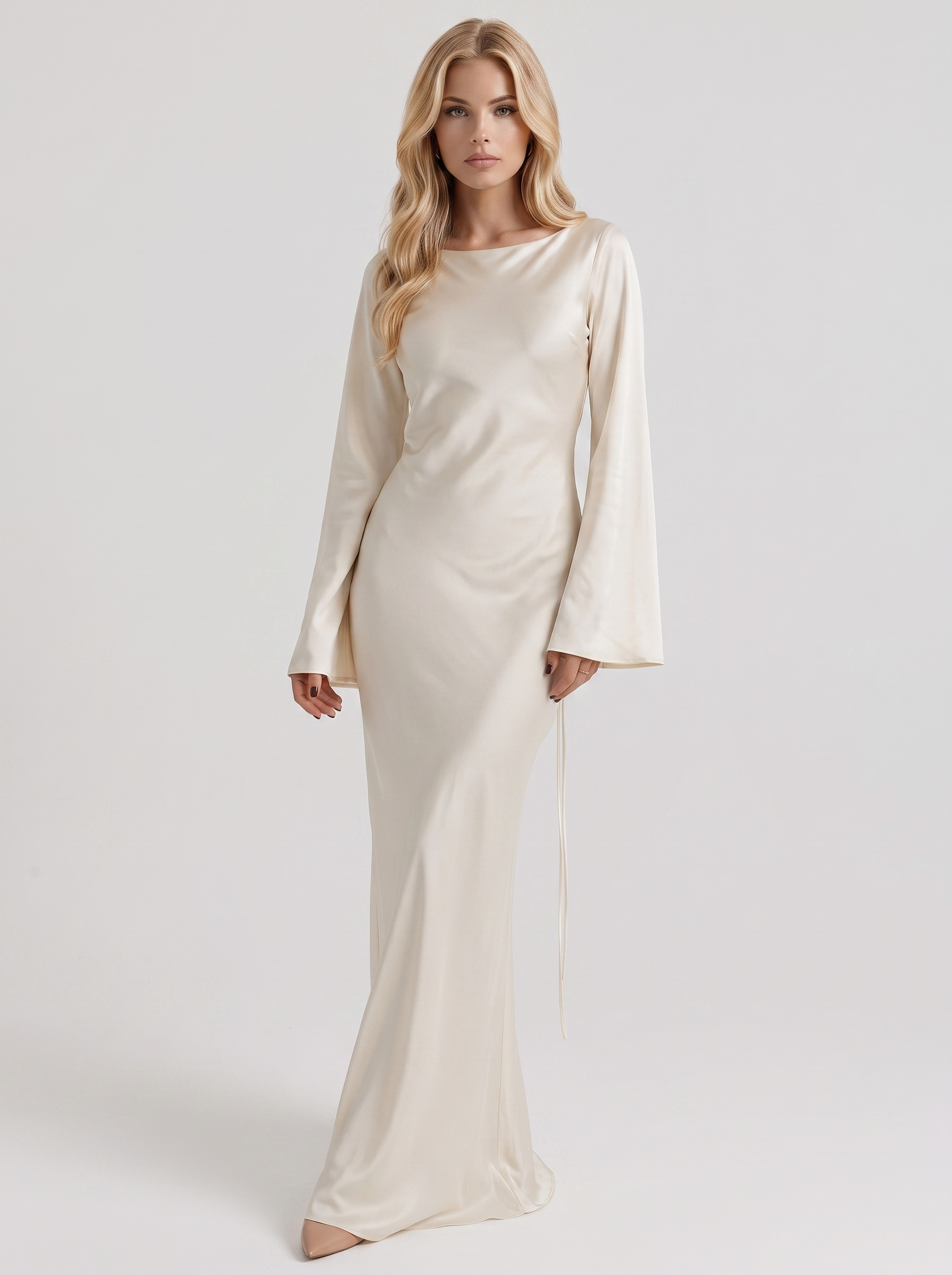 Women ivory maxi dress with boat neckline and flared long sleeves
