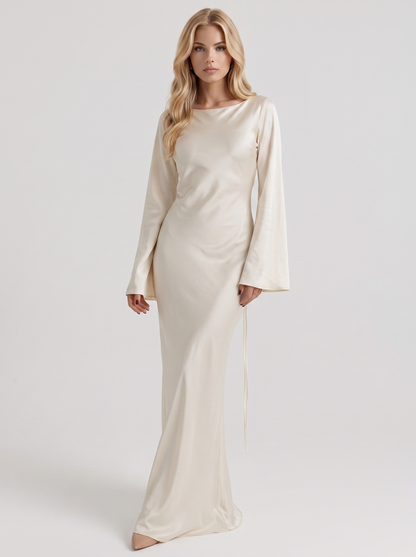 Women ivory maxi dress with boat neckline and flared long sleeves