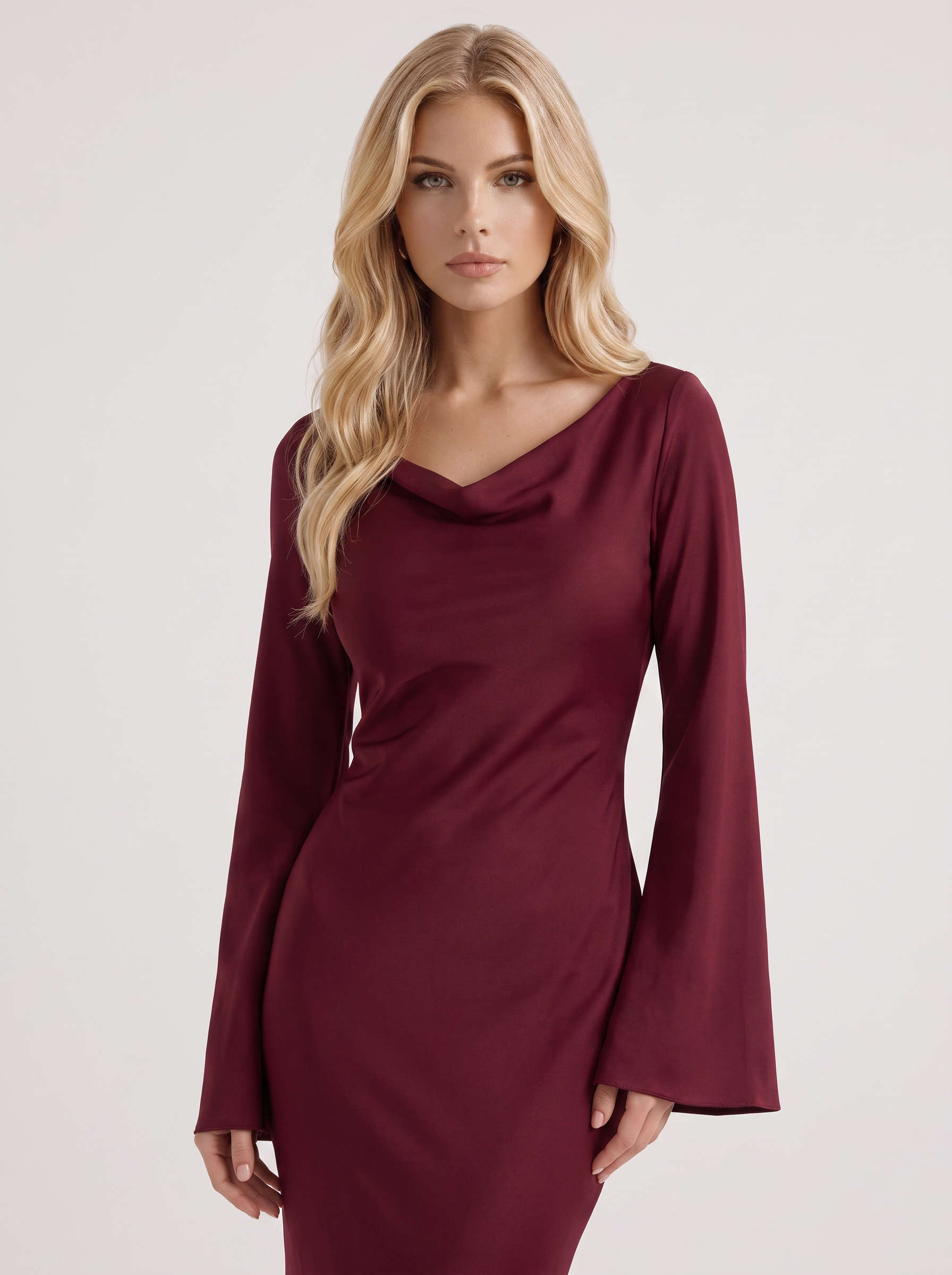 Women red maxi dress with boat neckline and flared long sleeves