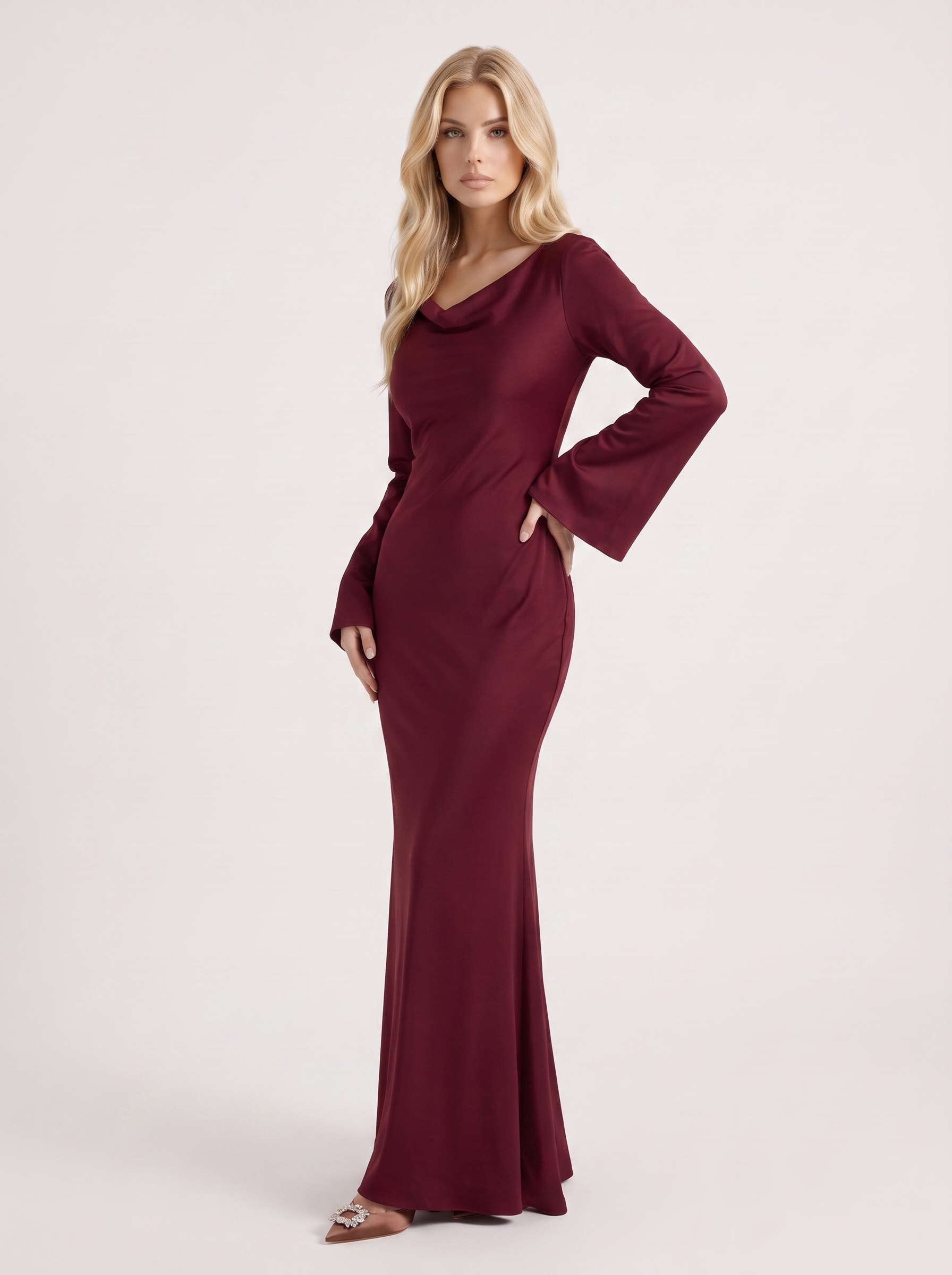 Women red maxi dress with boat neckline and flared long sleeves