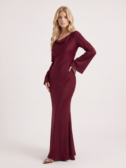 Women red maxi dress with boat neckline and flared long sleeves