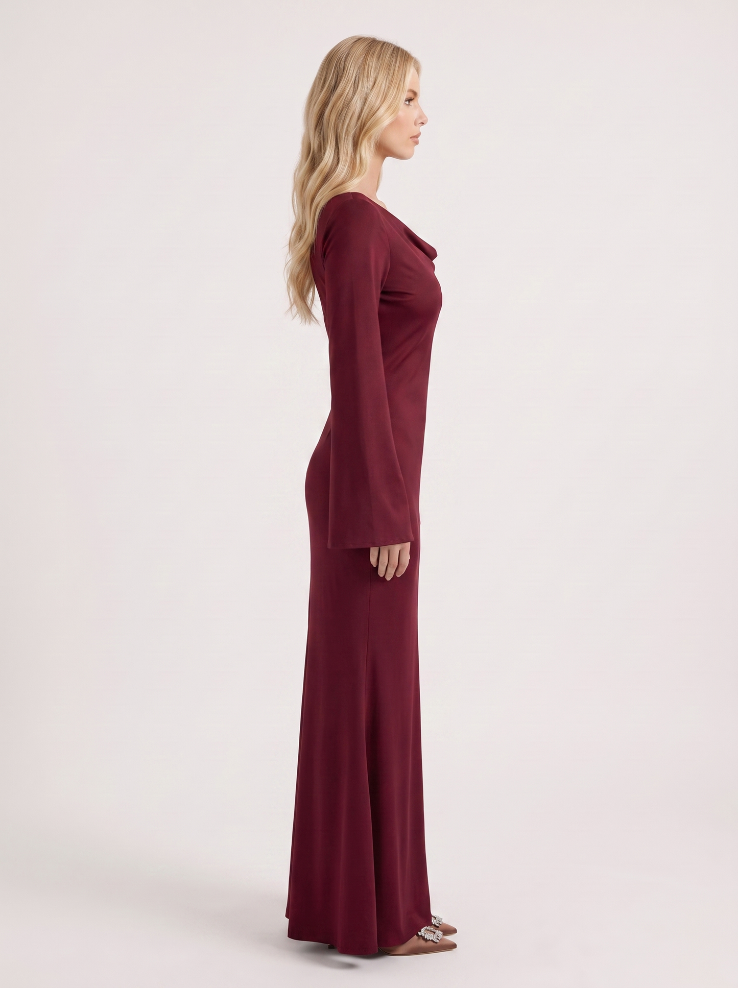 Women red maxi dress with boat neckline and flared long sleeves