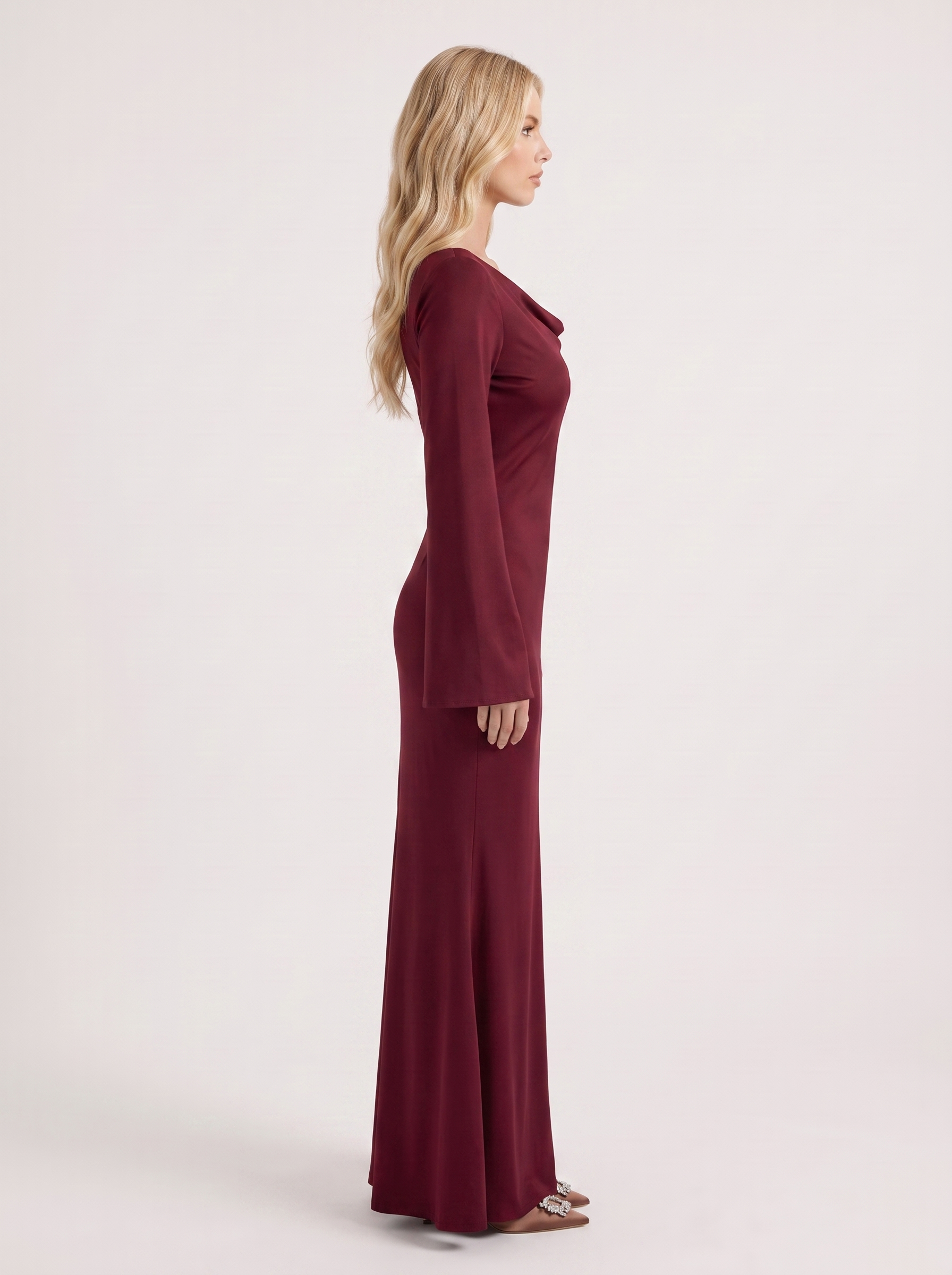 Women red maxi dress with boat neckline and flared long sleeves