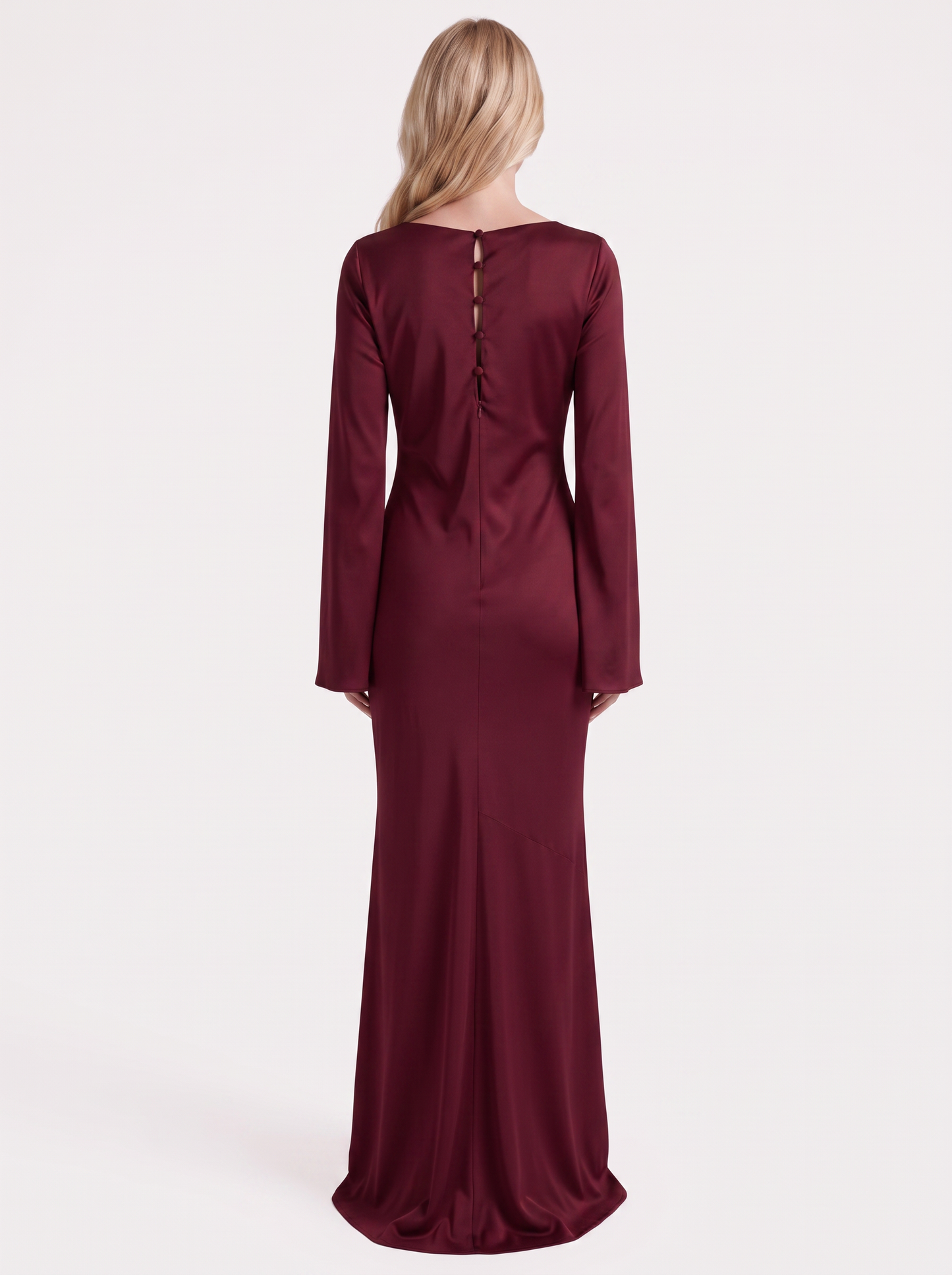 Women red maxi dress with boat neckline and flared long sleeves