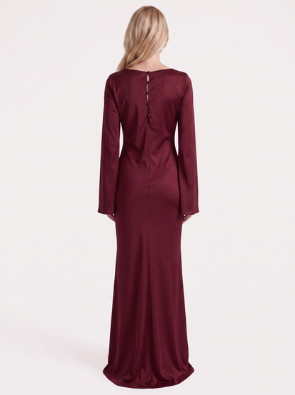 Women red maxi dress with boat neckline and flared long sleeves