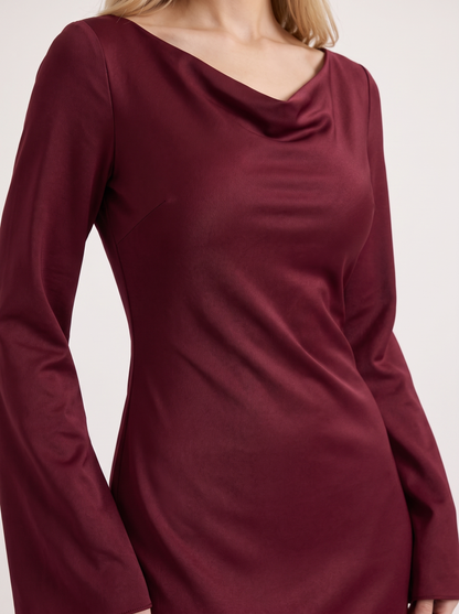 Women red maxi dress with boat neckline and flared long sleeves