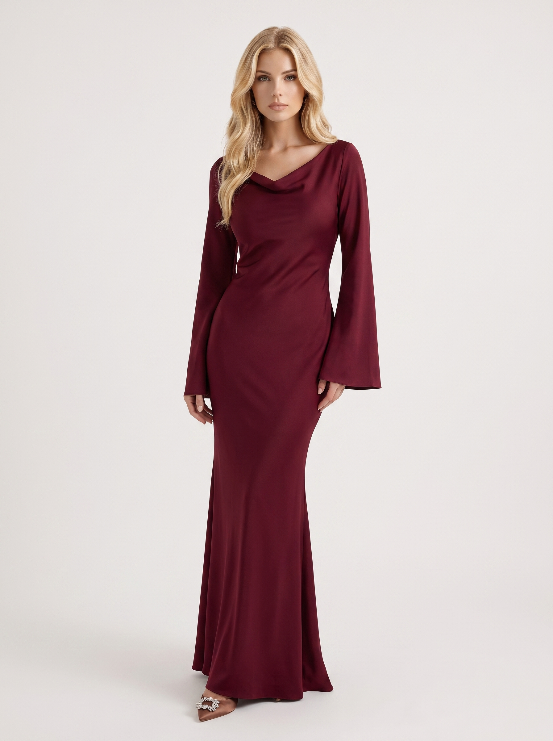 Women red maxi dress with boat neckline and flared long sleeves