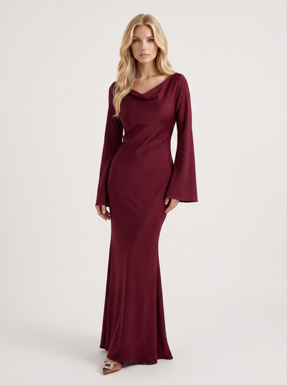 Women red maxi dress with boat neckline and flared long sleeves