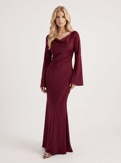 Women red maxi dress with boat neckline and flared long sleeves