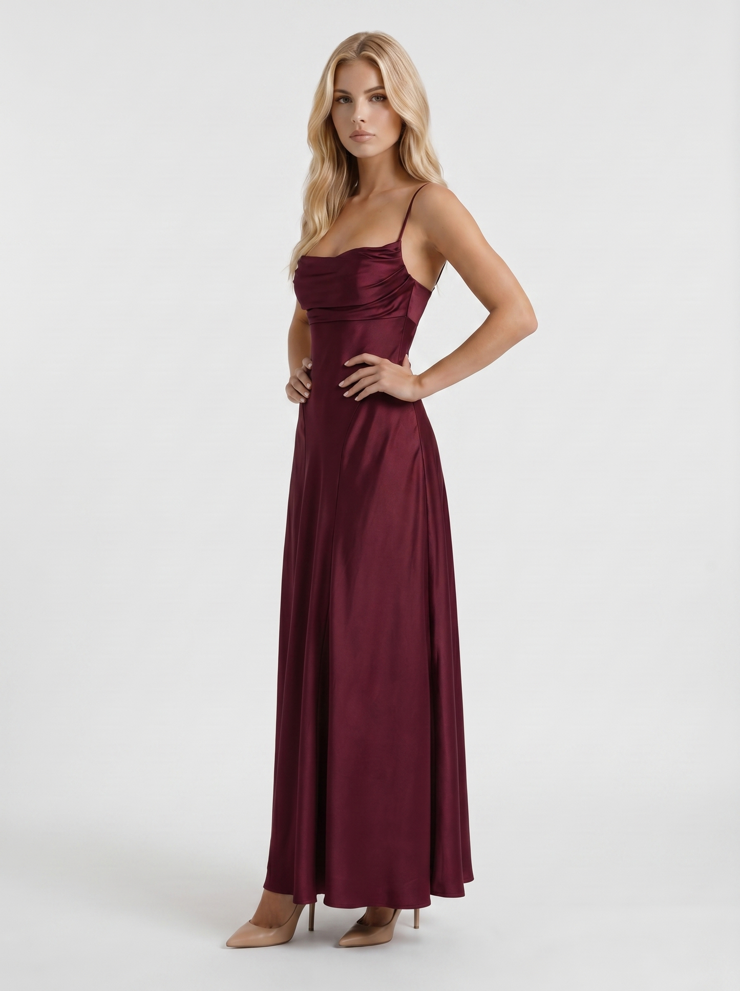 Women cherry lacquer satin cowl neck maxi dress with A line skirt, 45 degree angle