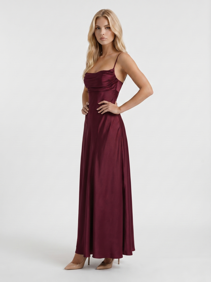 Women cherry lacquer satin cowl neck maxi dress with A line skirt, 45 degree angle