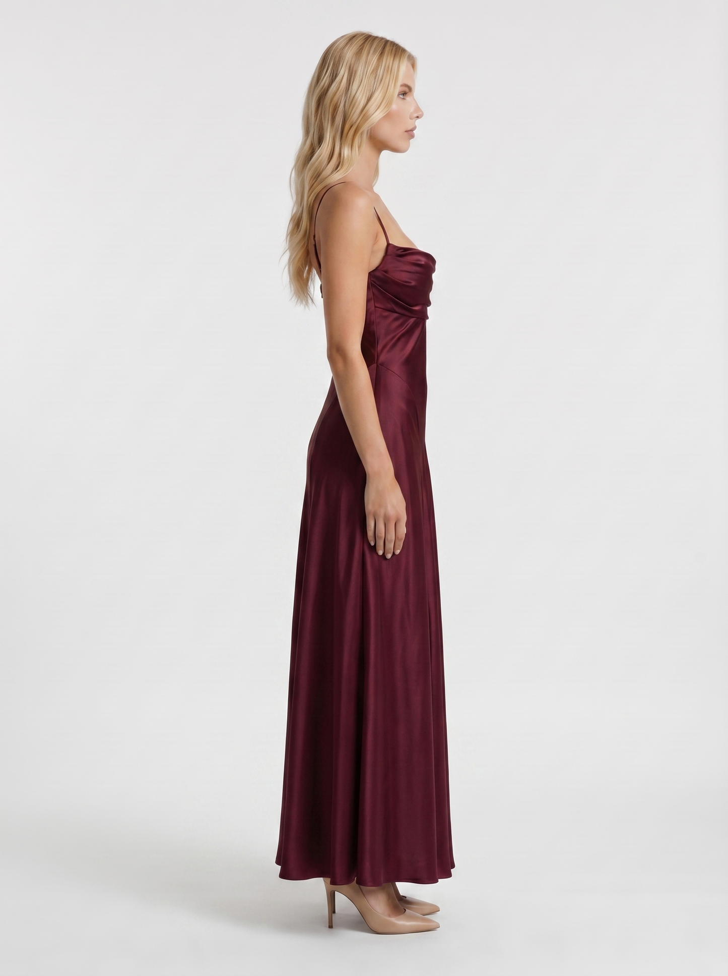 Women cherry lacquer satin cowl neck maxi dress with side ruching, side profile