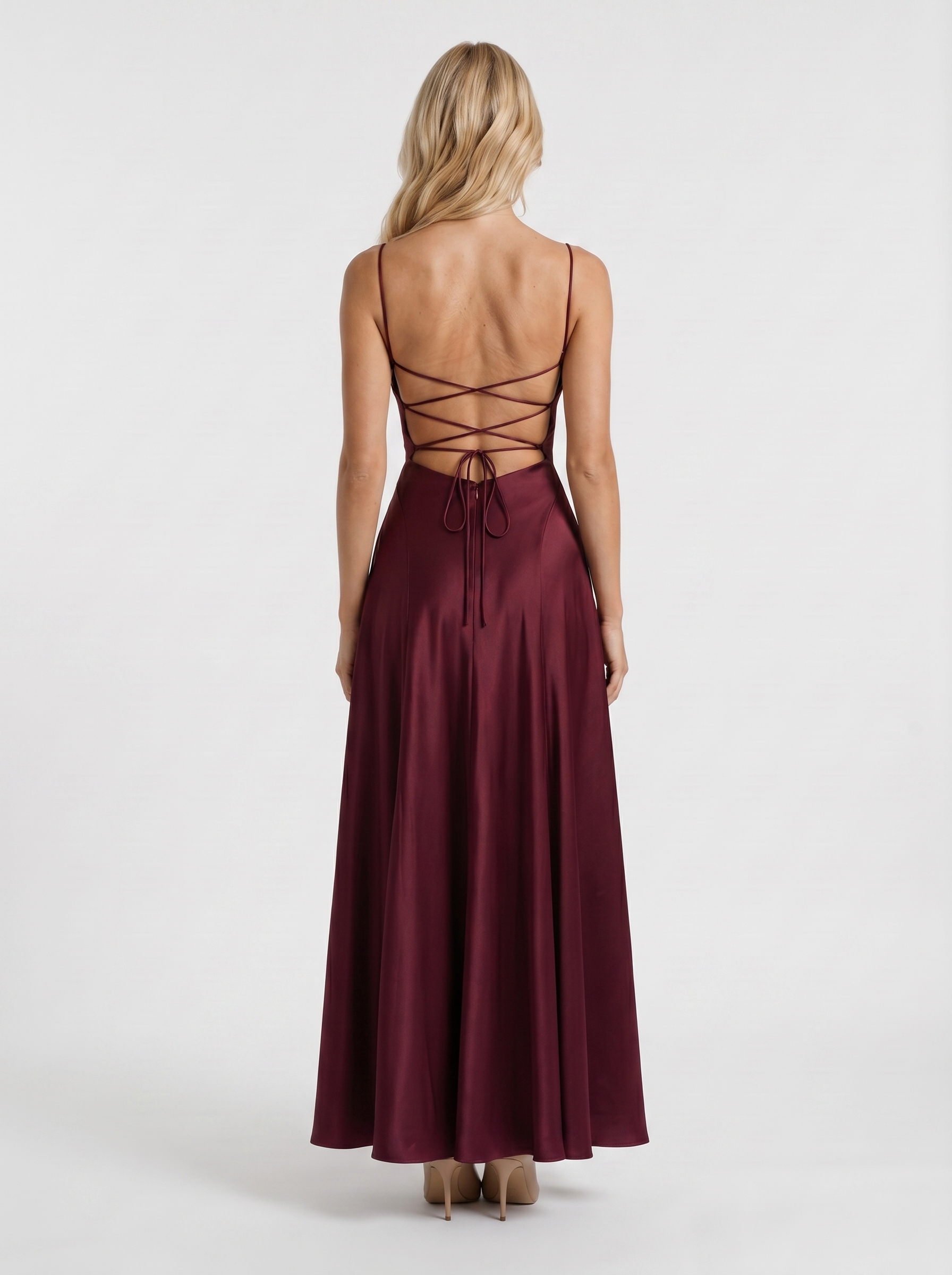 Women cherry lacquer satin cowl neck maxi dress with open back, back view